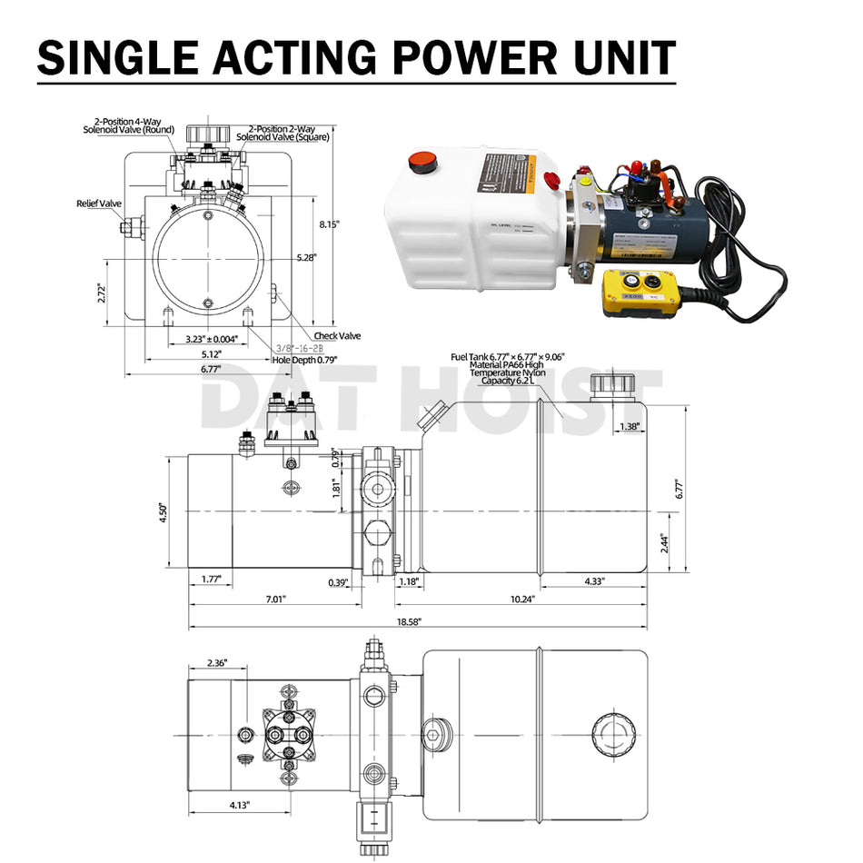 12V 1.6kw Single Acting Hydraulic Power Unit with 6L Reservoir
