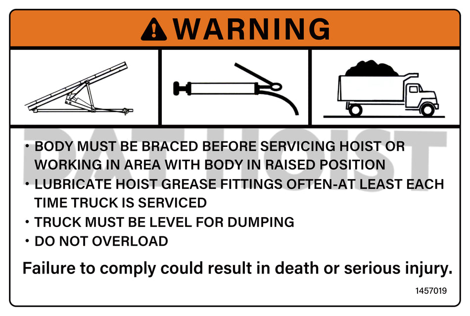 Warning Label，“WARNING-BODY MUST BE BRACED BEFORE SERVICING HOIST...”