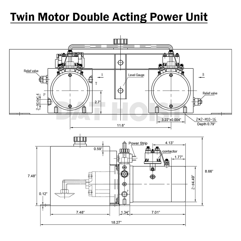 12V Double Acting Hydraulic Power Unit – Twin Motor 4KW 6 Gallon Steel Tank